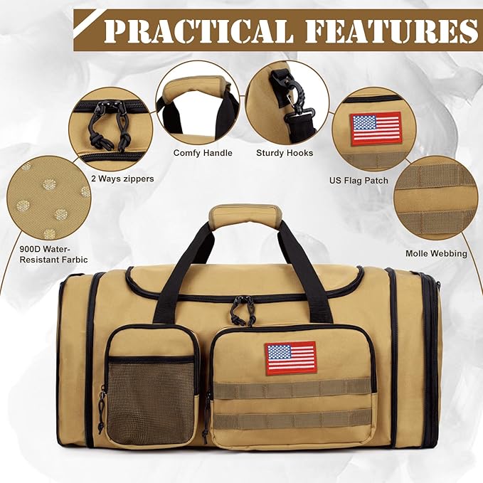 Tactical Duffle Bag For Travel Expandable 52L Large Duffle Bag For Men Gym Duffel With Wet Pocket Multi-Functional Carry On Bags Weekender Overnight Bag Organizer Duffel Bag For Travel