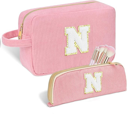 Personalized Initial Makeup Bag Trendy Stuff Corduroy Cosmetic Bag Travel Toiletry Bag for Women, Christmas/Thanksgiving/Halloween Gifts Makeup Organizer Case for Teen Girls Mom Girlfriend Wife - Pink