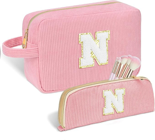 Personalized Initial Makeup Bag Trendy Stuff Corduroy Cosmetic Bag Travel Toiletry Bag for Women, Christmas/Thanksgiving/Halloween Gifts Makeup Organizer Case for Teen Girls Mom Girlfriend Wife - Pink