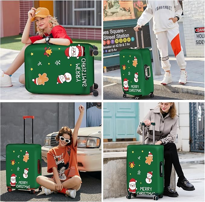 ANNA QUEEN Merry Christmas Luggage Cover, Holiday-Themed Protector with Santa, Gingerbread & Snowman, Stretchable & Washable Travel Sleeve for 20-34 Inch Luggage
