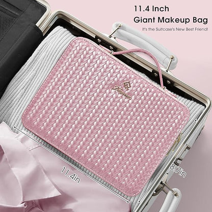 Leather Makeup Case with LED Lighted Mirror 11.4 Inch Travel Makeup Bag Adjustable Brightness in 3 Colors Cosmetic Organizer Artist Storage Bag with Dividers Brush Holder Bag Vanity Shiny Pink