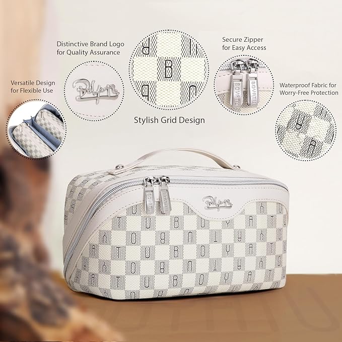 BOYATU Travel Makeup Bag Cosmetic Bags for Women: 3 Pcs Set Portable Make up Bag with Handle - Vegan Leather Toiletry Bags with Compartments - Makeup Organizer for Travel Essentials (C-3-White)