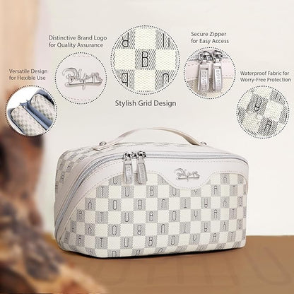 BOYATU Travel Makeup Bag Cosmetic Bags for Women: 3 Pcs Set Portable Make up Bag with Handle - Vegan Leather Toiletry Bags with Compartments - Makeup Organizer for Travel Essentials (C-3-White)