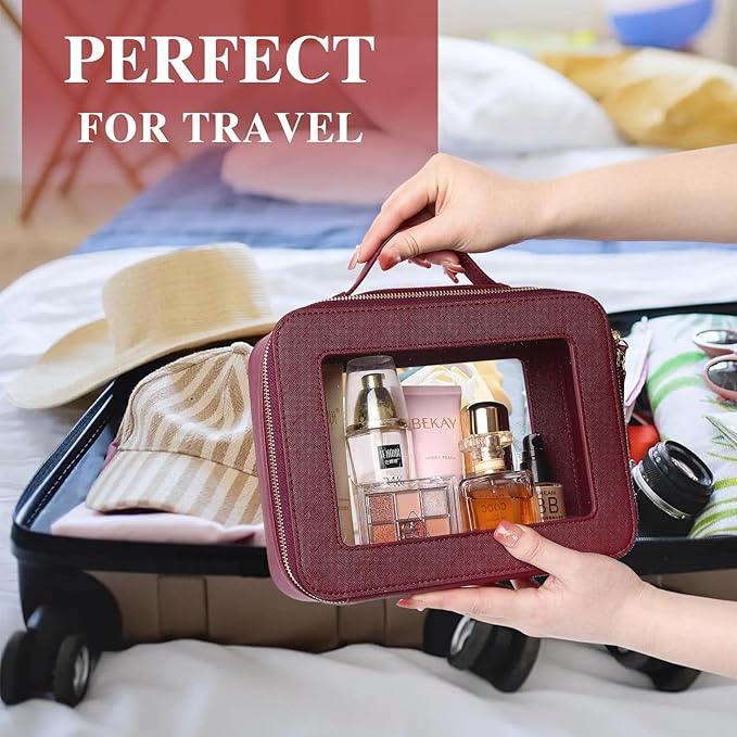Pinkmik Clear Makeup Bag Waterproof Travel Case for Cosmetics and Toiletries Women's Purse Organizer and Clear Car Bag with Zipper (X/Burgundy, L+M+MINI)