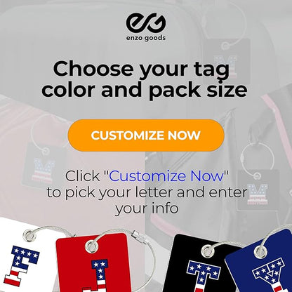 USA Initial Luggage Tag | 4 Pack | Personalized Luggage Tags for Suitcases | Choose Monogram Letter | Custom Fonts & Colors | Choose Tag Color