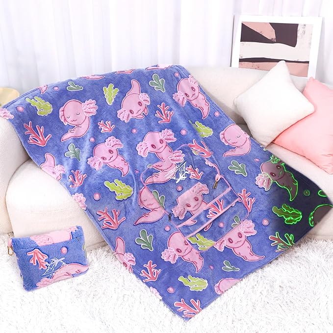 Axolotl Blanket for Airplane Travel - Glow in The Dark Kids Travel Blanket Pillow Set for Plane, Car - Axolotl Gifts Toys for Girls, Small Soft Purple Fleece Throw for Teens Girls 40" x 60"