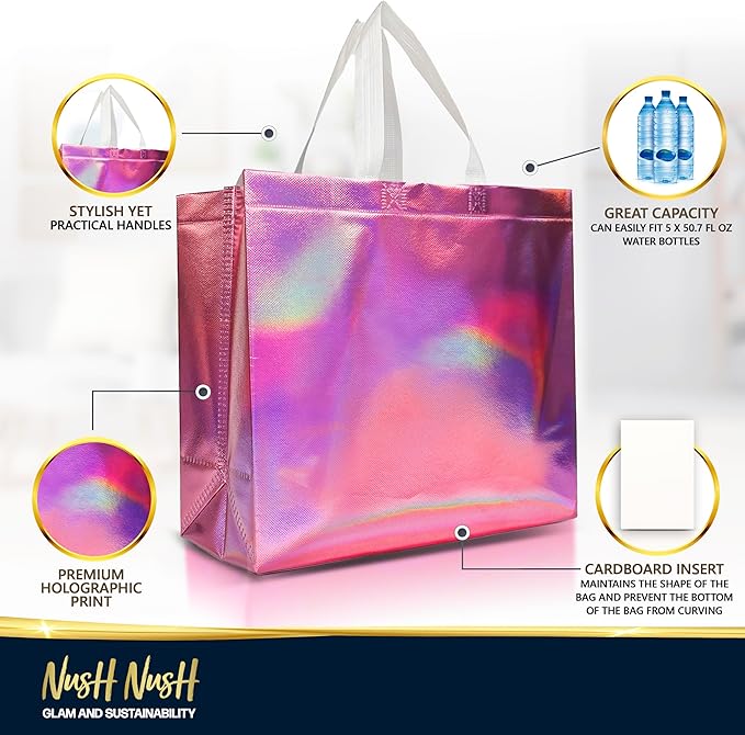 Nush Nush Large Pink Iridescent Gift Bags Bulk – Set of 60 Holographic Pink Gift Bag With Handles - For Small Business, Birthday, Christmas, Goodie, Gifting, Party Favors - 13 "x 5" x 11" Size