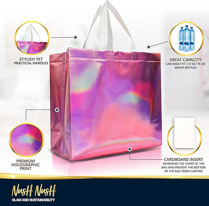 Nush Nush Large Pink Iridescent Gift Bags in Bulk – Set of 30 Holographic Pink Gift Bag With Handles - For Small Business, Birthday, Christmas, Goodie, Gifting, Party Favors - 13 "x 5" x 11" Size