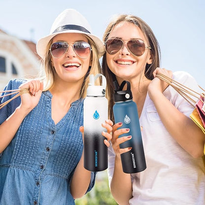SENDESTAR Stainless Steel Wide Mouth Water Bottle 32oz Double Wall Vacuum Insulated Leak Proof Bottle with New Flex Straw Lid & Spout Lid XIN-MC-1000-1