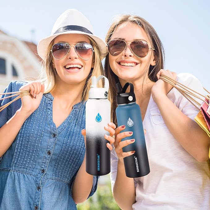 SENDESTAR Stainless Steel Wide Mouth Water Bottle 24oz Double Wall Vacuum Insulated Leak Proof Bottle with New Flex Straw Lid & Spout Lid XIN-MC-0750-1
