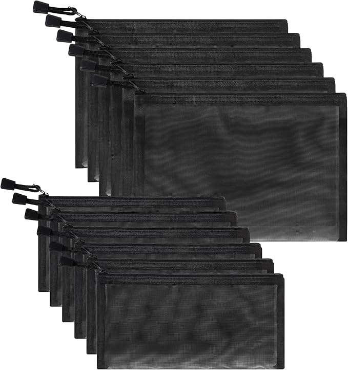 12 Pieces Zipper Nylon Mesh Pouch, Mesh Cosmetic Bags Makeup Bags Pencil Case, Multipurpose Travel Bags for Cosmetic School Office Supplies and Travel Accessories (Black, A5+B6)