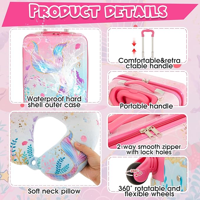 Sanwuta 4 Pcs Kids Luggage Set Backpack Travel Rolling Suitcase U-shape Pillow Christmas Children Gift for Girls Boys(17 Inch,Mermaid's Tail Style,Blue Purple)