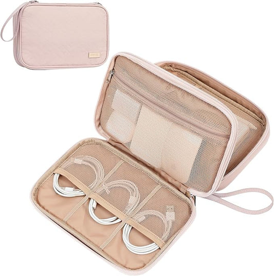 NISHEL Travel Cord Organizer Case, Double Layers Tech Electronic Bag, Essentials for Charger, Cable, Phone, Flash drive, Large, Pink