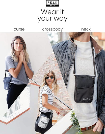 Peak Gear RFID Neck Wallet - The Orginal Travel Pouch with Adjustable Crossbody Strap + Theft Protection and Lost & Found Service | Gray
