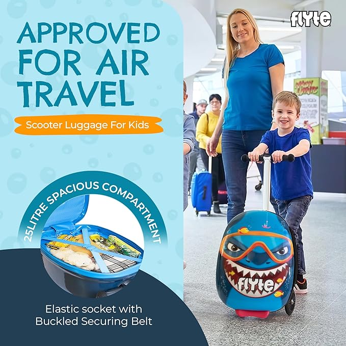FLYTE Scooter Suitcase Folding Kids Luggage – Stormy the Shark, 18 Inch Hardshell, Ride On with Wheels, 2-in-1, 25 Litre Capacity