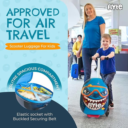 FLYTE Scooter Suitcase Folding Kids Luggage – Stormy the Shark, 18 Inch Hardshell, Ride On with Wheels, 2-in-1, 25 Litre Capacity