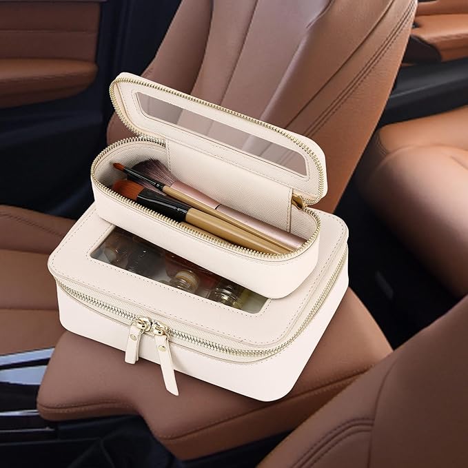 Pinkmik Travel Clear Makeup Bag with Brush Case TSA Approved Toiletry Bag Waterproof Cosmetic Organizer with Zipper Car Essential for Women (Beige, M+SLIM)