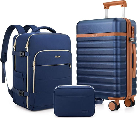 Luggage Sets 3 Piece, Carry On Luggage 20In With Spinner Wheels,PC Hardside Suitcase Set with TSA Lock,Durable Carry On Suitcase With Travel Backpack for Men (Navy Blue, 3 piece set (BP/20inch))
