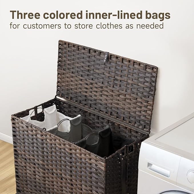 Laundry Hamper with Wheels, 52.8 Gallon(200L) Rolling Laundry Basket with Lid, Removable Large 3 Color Liners & 3 Mesh Laundry Bags, Clothes Hamper with Side Pocket, Brown