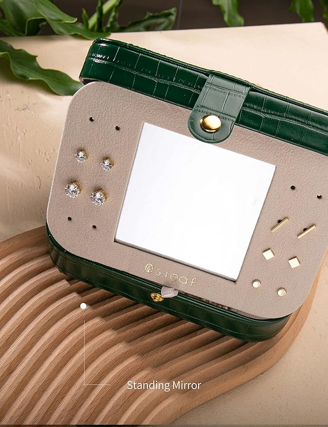 S.Leaf Travel Jewelry Organizer Boxes for Women Small Portable Necklace Earrings Bracelet Rings Travel Case Best Friend Birthday Gifts for Women Trendy (13_Crocodile_Emerald_Big)