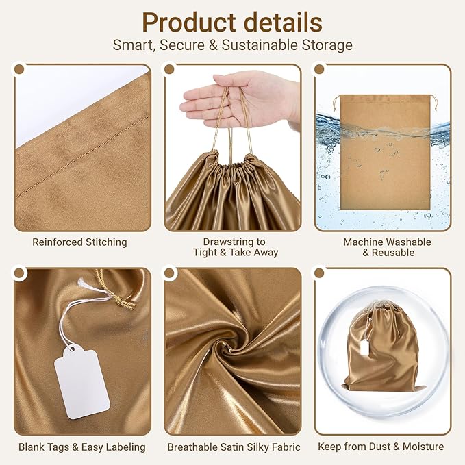Ewen 7 Pack Satin Drawstring Bags Dustproof, 11.8x15.7in Small Dustbags for Handbags Shoes Storage with Blank Tags, Travel Essentials Packing Bag Purse Organizers for Closet Home Jewelry Organization
