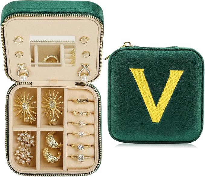 Jenria Christmas Gift for Women, Travel Jewelry Case for Women, Jewelry Organizer, Jewelry Box, Unique Gifts, Personalized Gifts for Her, Birthday Gifts for Mom, Teen Girl, Girlfriend, Green, V