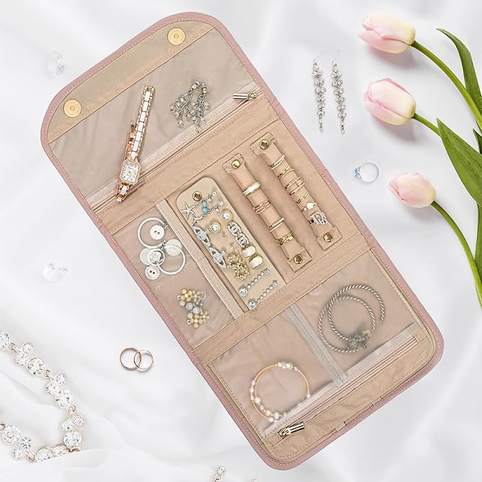 Pavilia Foldable Jewelry Organizer - Travel Roll Bag with Compartments for Earrings, Rings, Necklaces, Bracelets - Packing Accessory