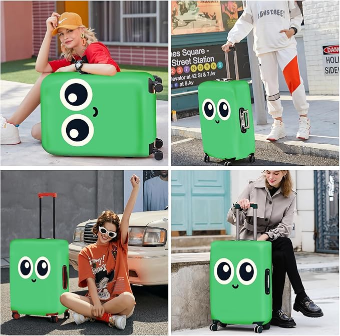 ANNA QUEEN Cute Smiley Face Luggage Cover, Green Cartoon Suitcase Protector with Big Eyes Design, Stretchable, Washable Travel Cover for 32-34 Inch Luggage