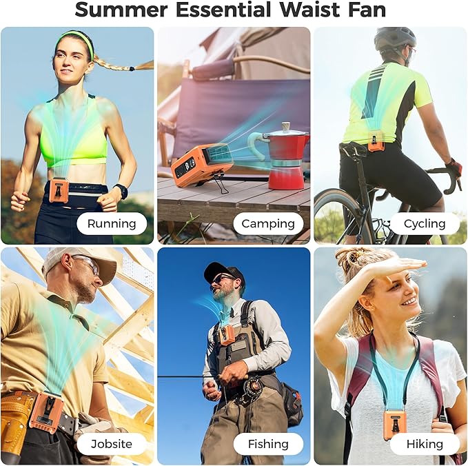 COMLIFE Portable Mini Waist Fan - Rechargeable Clip on Belt Wearable Body Fan, Max 20H Cooling, 5 Speeds 16000RPM Turbo Hands-Free Under-Shirt Neck Fan for Outdoor Jobsite Camping Traveling