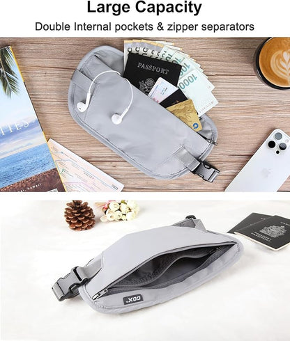 RFID Blocking Money Belt - Slim Under Cloth Passport Holder & Travel Wallet | Secure Hidden Fanny Pack for Men Women (Grey-L)