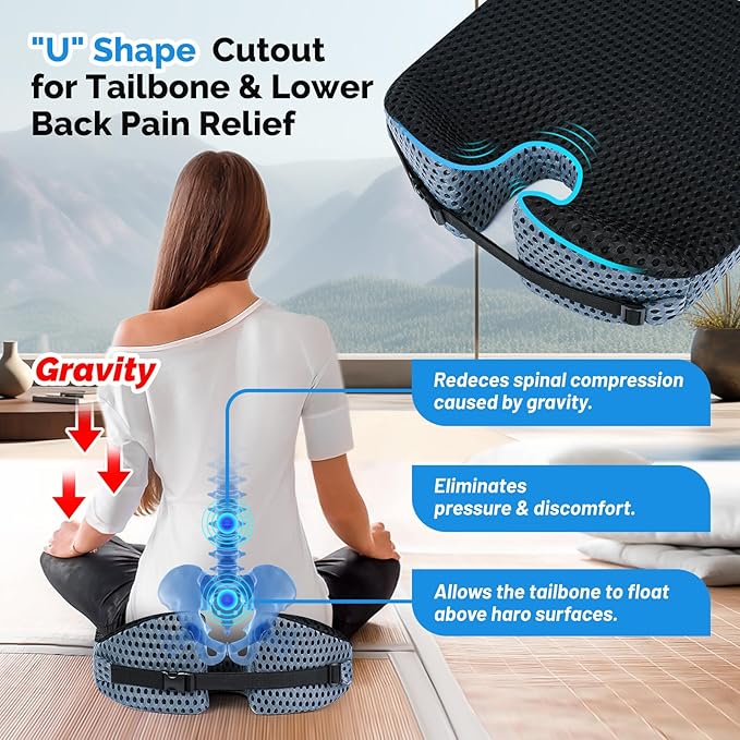 Large Memory Seat Cushion,Car Seat Cushion are Used to Relieve Sciatica, Suitable for Offices, Cars, Wheelchairs, Multi-Purpose (Black Mesh)