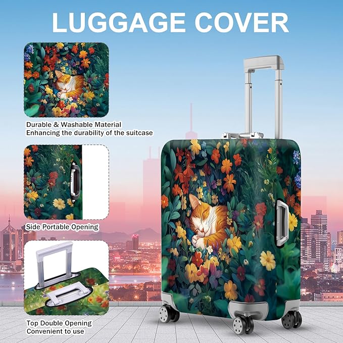 ANNA QUEEN Dreamy Cat Luggage Cover, Cat Sleeping in a Flower Field Design, Stretchable, Washable Travel Protector for 28-30 Inch Luggage