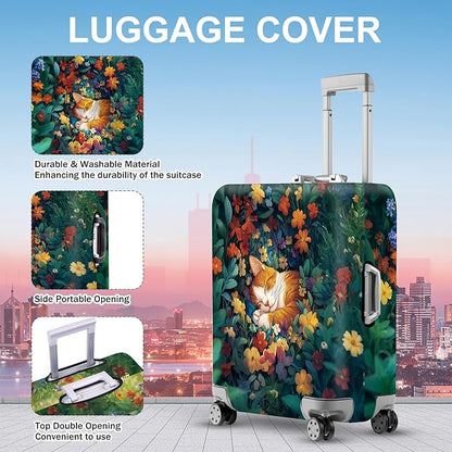 ANNA QUEEN Dreamy Cat Luggage Cover, Cat Sleeping in a Flower Field Design, Stretchable, Washable Travel Protector for 28-30 Inch Luggage
