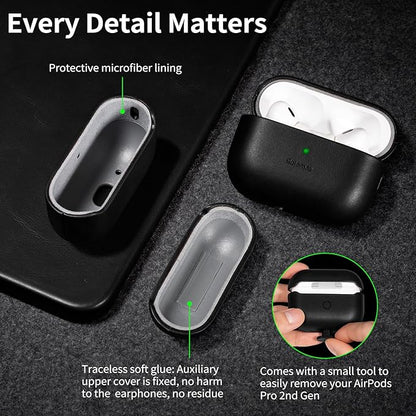 Belemay for AirPods Pro 2nd Generation Case, Compatible with MagSafe and Wireless Charging, Luxury Full-Grain Smooth Leather, Unique Patina, Comfort Grip, Compatible with Airpods Pro 2, Black