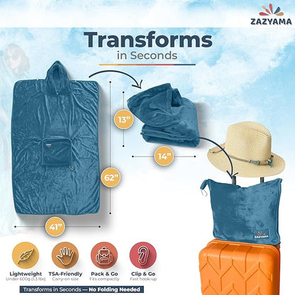 3-in-1 Travel Blanket Airplane – Compact with Bag & Pillow Combo Set, Dusty Blue Ultra-Soft Fleece | Packable Blanket Compact | Hidden Pocket | Trolley Sleeve | Carabiner | Travel Essentials