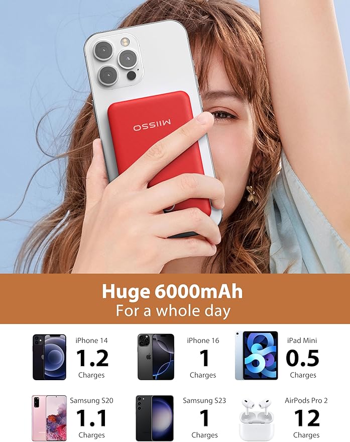 miisso 6000mah Ultra Slim Built in Cables Power Bank, Card Size Built in USB C Cords Battery Pack Portable Charger for Phones, 3 Output External Battery Pack Compatible with iPhone, Red