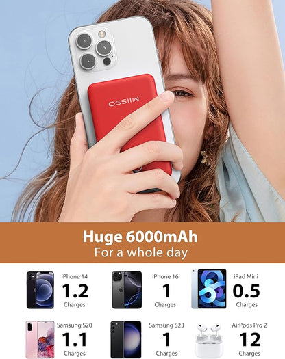 miisso 6000mah Ultra Slim Built in Cables Power Bank, Card Size Built in USB C Cords Battery Pack Portable Charger for Phones, 3 Output External Battery Pack Compatible with iPhone, Red