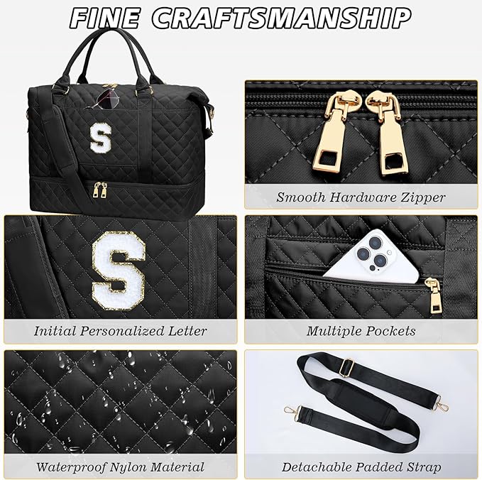 Gifts for Teen Girls Women Initial Travel Duffle Bag Quilted Weekender Carry-On Overnight with Cosmetic Bag, Gym Bag with Shoe Compartment, Black S