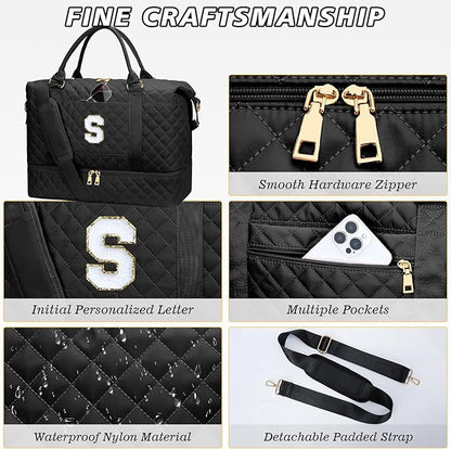Gifts for Teen Girls Women Initial Travel Duffle Bag Quilted Weekender Carry-On Overnight with Cosmetic Bag, Gym Bag with Shoe Compartment, Black S