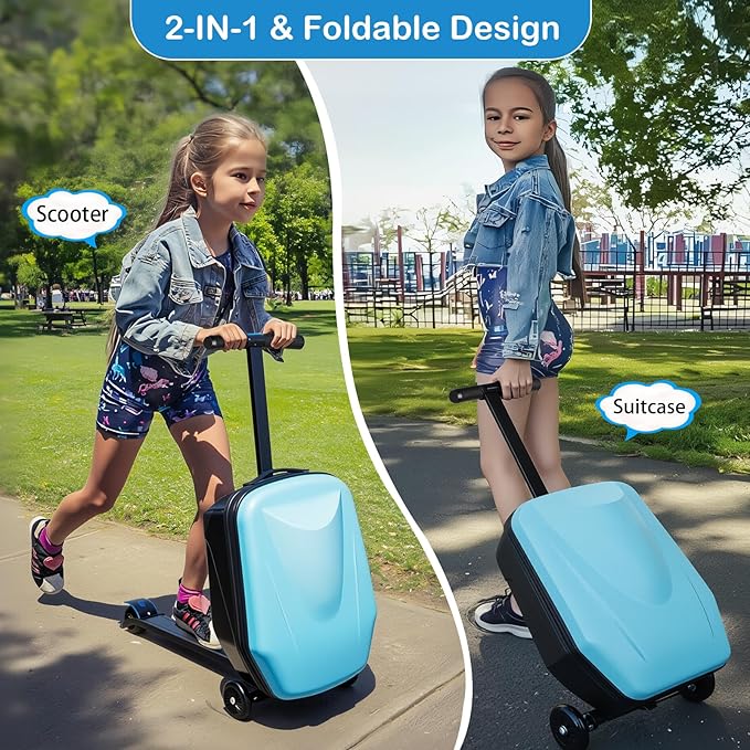 2-in-1 Ride-On Scooter Suitcase,Carry On Hardshell Ride On Suitcase Scooter for Kids Age 4-15, Multifunctional Ride On Lightweight Kids Luggage with Wheels(Size:Blue)