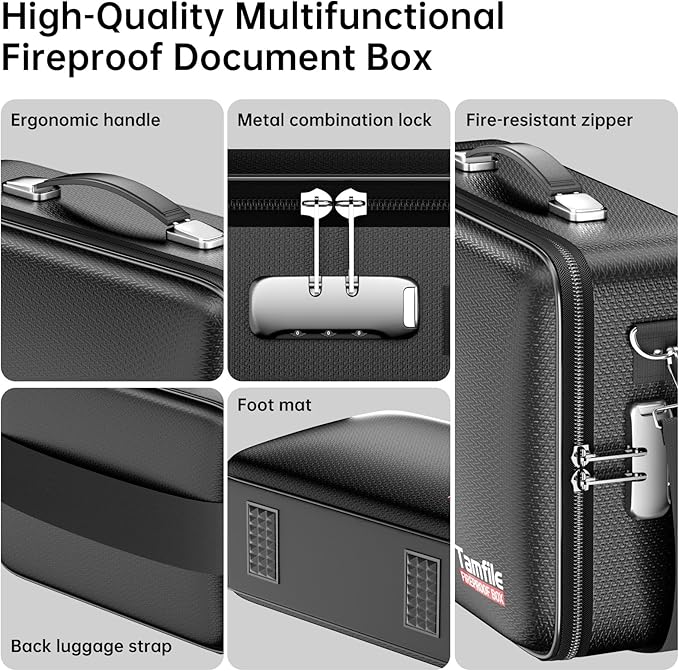 Tamfile Fireproof Document Box, Hard-Shell Case 5200°F Fireproof Water Safe File Box with Lock, 8-Layer Fireproof Safe File Organizer for Important Documents, Valuables, Laptop, Passports (Black)