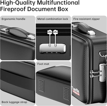 Tamfile Fireproof Document Box, Hard-Shell Case 5200°F Fireproof Water Safe File Box with Lock, 8-Layer Fireproof Safe File Organizer for Important Documents, Valuables, Laptop, Passports (Black)