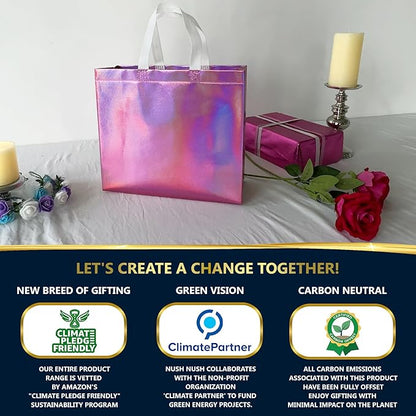 Nush Nush Large Pink Iridescent Gift Bags in Bulk – Set of 30 Holographic Pink Gift Bag With Handles - For Small Business, Birthday, Christmas, Goodie, Gifting, Party Favors - 13 "x 5" x 11" Size