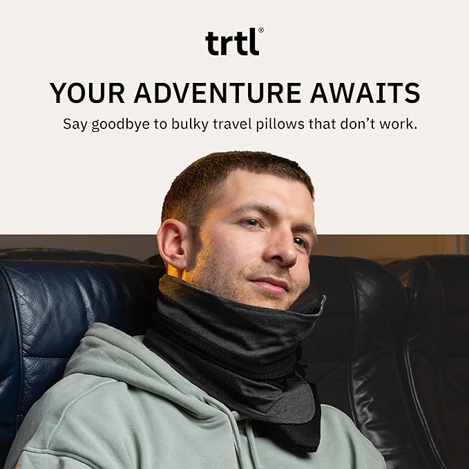 trtl Travel Pillow Cool for Neck Support - Cooling Airplane Neck Pillow for Sleeping - Breathable Fabric - Easy to Carry - Ergonomic Design for Traveling on Planes, Cars, and Trains - Black/Grey