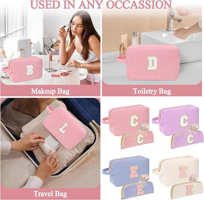 Personalized Initial Makeup Bag Trendy Stuff Corduroy Cosmetic Bag Travel Toiletry Bag for Women, Christmas/Thanksgiving/Halloween Gifts Makeup Organizer Case for Teen Girls Mom Girlfriend Wife - Pink