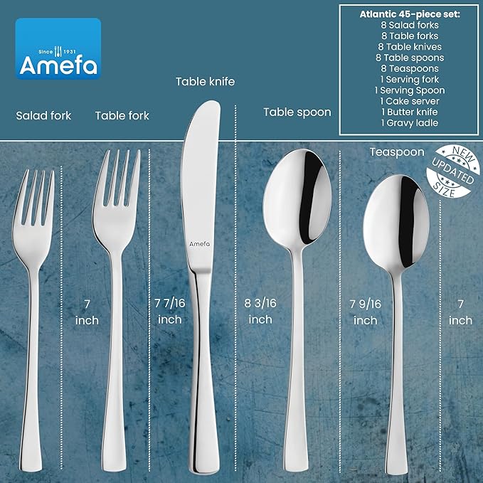 Amefa Atlantic 45-Piece Flatware, Set for 8 – Stainless Steel Silverware, Mirror Finish, Rust-Resistant Durable Cutlery, Forks, Knives, Spoons, Salad Forks & Teaspoons for Dining & Entertaining