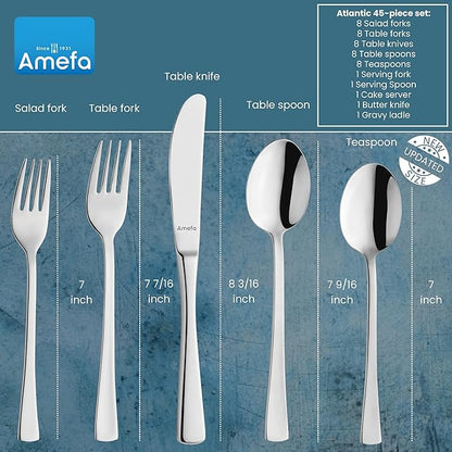 Amefa Atlantic 45-Piece Flatware, Set for 8 – Stainless Steel Silverware, Mirror Finish, Rust-Resistant Durable Cutlery, Forks, Knives, Spoons, Salad Forks & Teaspoons for Dining & Entertaining