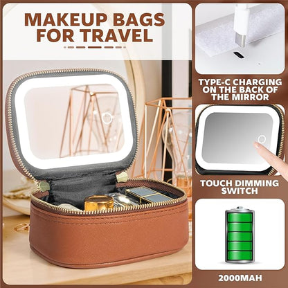 Small Makeup Bag with Led Mirror, Mini Travel Make up Bag 3 Light Modes Adjustable Brightness, for Women Organizer Cosmetic Bag, Portable Travel Train Toiletry Bag, for Pool Parties Work Touch-Ups
