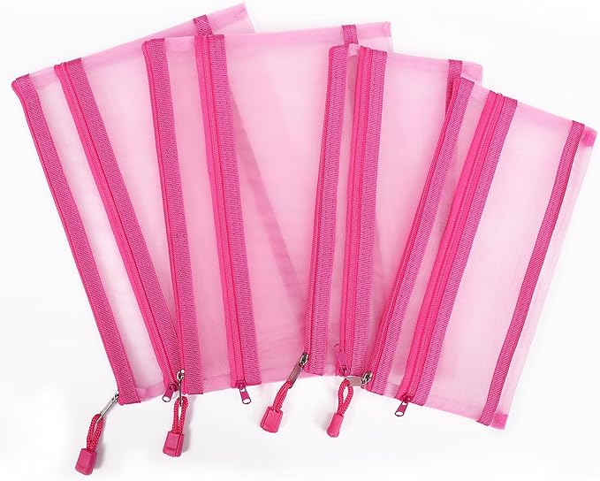 12 Pieces Zipper Nylon Mesh Pouch, Mesh Cosmetic Bags Makeup Bags Pencil Case, Multipurpose Travel Bags for Cosmetic School Office Supplies and Travel Accessories (2 Layers-Pink, A5)