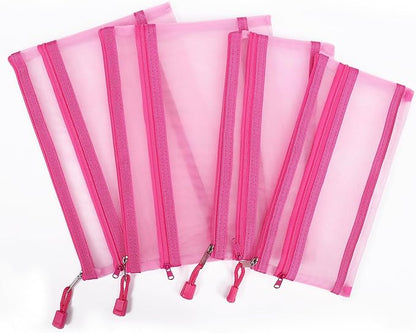 12 Pieces Zipper Nylon Mesh Pouch, Mesh Cosmetic Bags Makeup Bags Pencil Case, Multipurpose Travel Bags for Cosmetic School Office Supplies and Travel Accessories (2 Layers-Pink, A5)